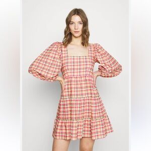 Topshop pink orange plaid summer dress with puff sleeves. Size 6 us NWT